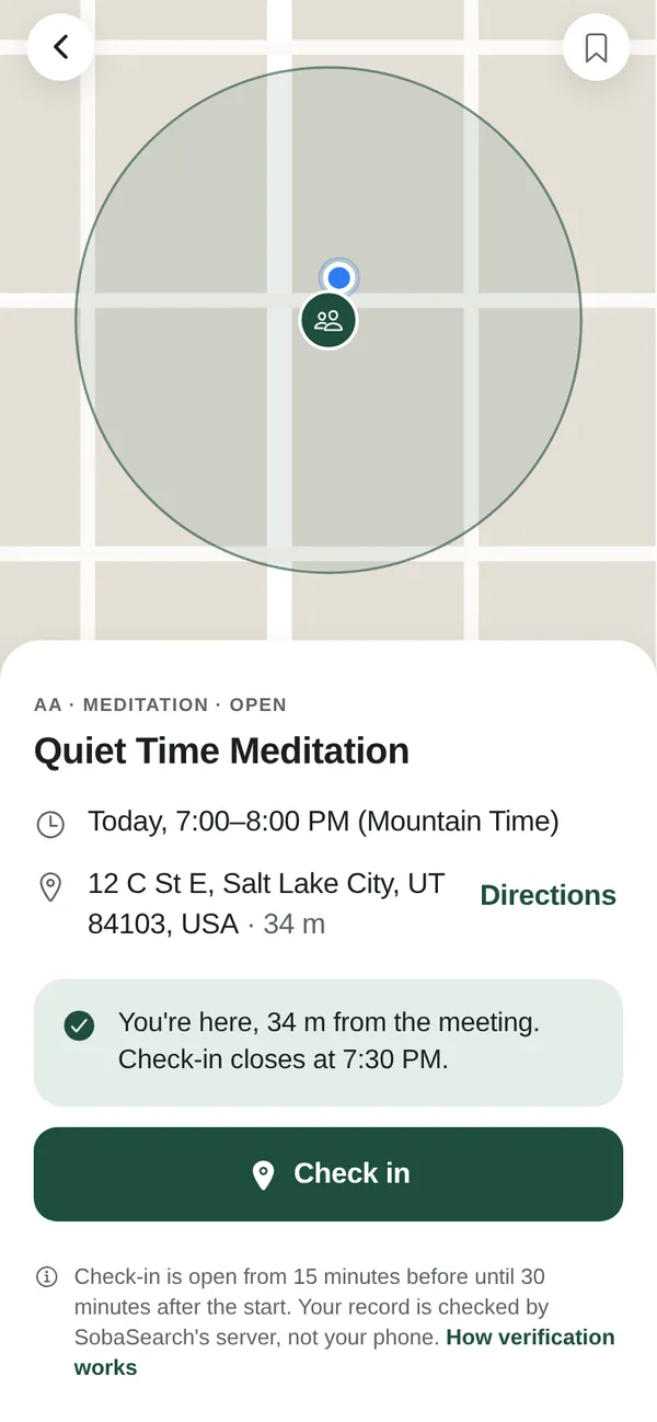 Meeting screen with a map of the 200-meter check-in circle. It says: You're here, 34 m from the meeting. Check-in closes at 7:30 PM. Below is a Check in button.