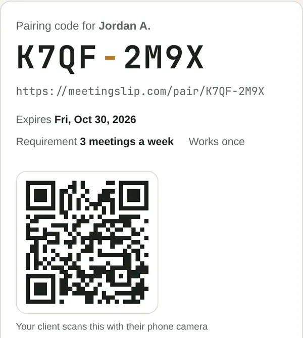 A pairing code in the MeetingSlip portal: code K7QF-2M9X for Jordan A., 3 meetings a week, with a QR code and buttons to copy, text, or email it.