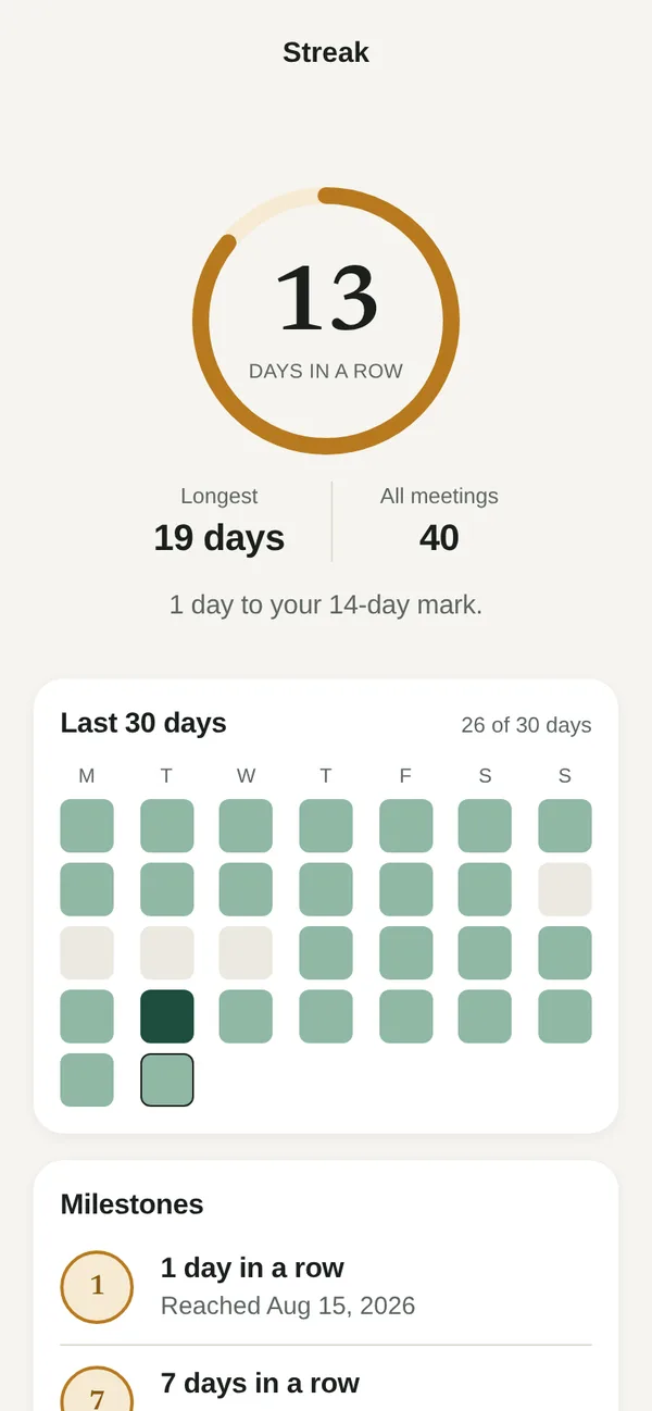 The app's home screen with a streak of days with a meeting and the total number of meetings.